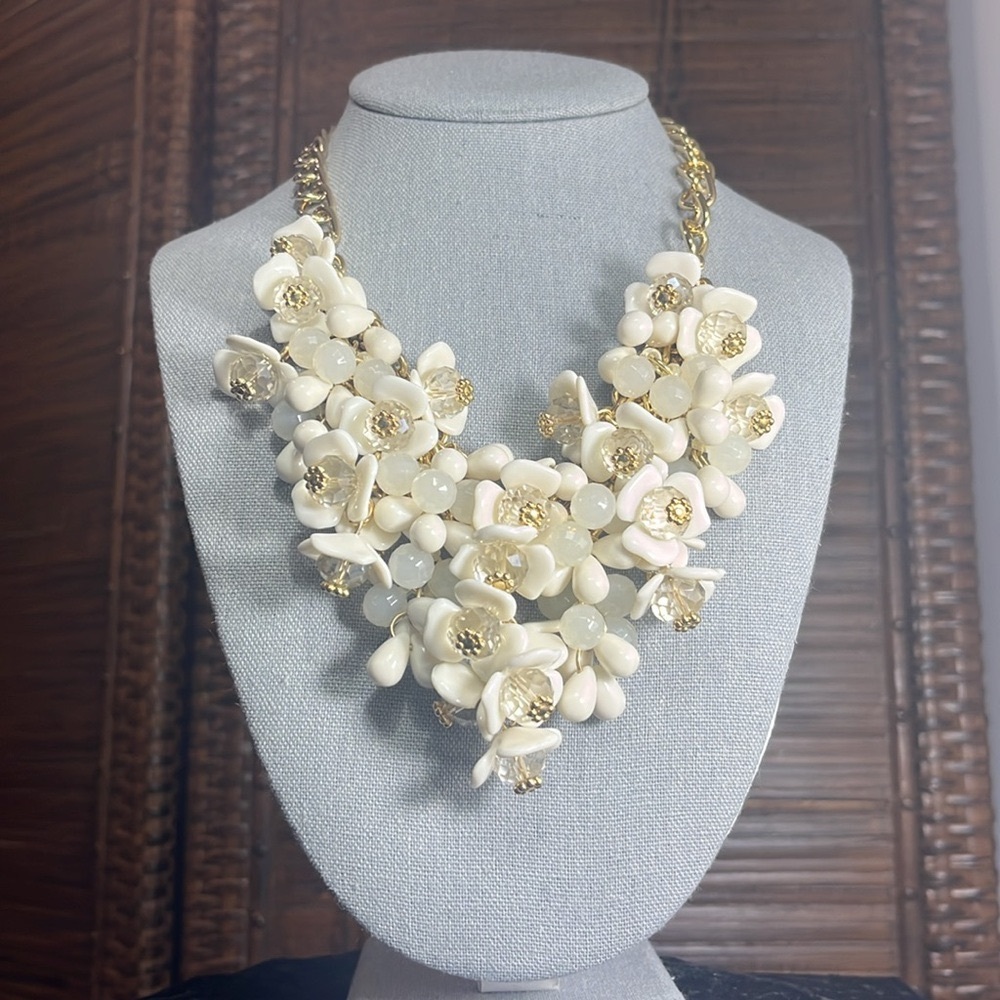 Talbots Floral Beaded Cluster Necklace in Creamy White and Gold - Picture 2 of 9